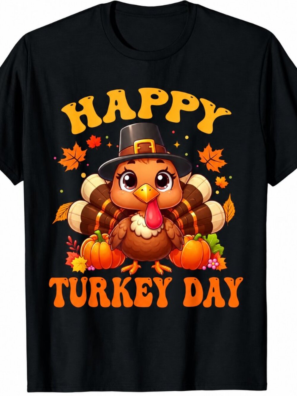 "Happy Turkey Day" Cute Turkey Pilgrim Hat Graphic Tee